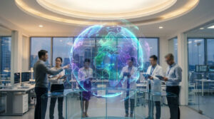 Une équipe de professionnels observe un globe terrestre holographique interactif dans un bureau moderne et futuriste.