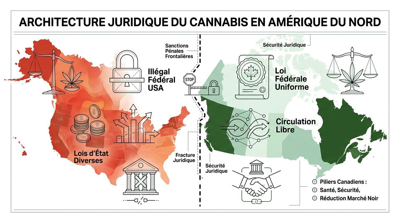 Représentation de la législation du cannabis légal en Amérique du Nord entre les États-Unis et le Canada
