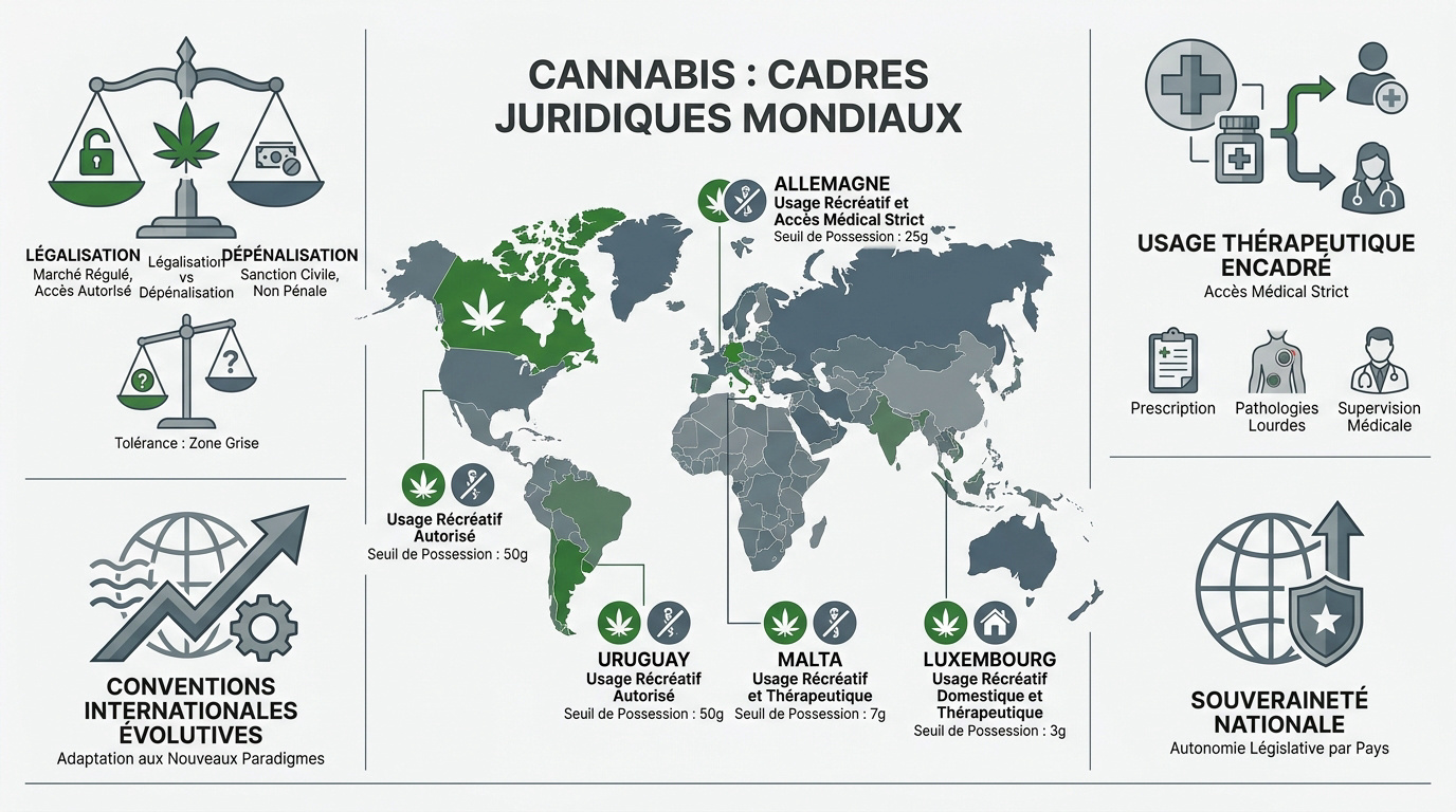 Infographie des cadres juridiques mondiaux sur la légalité du cannabis par pays
