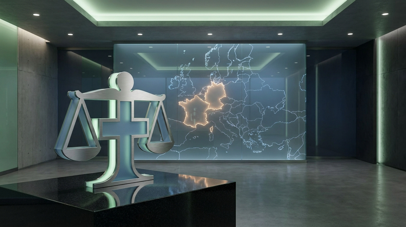 Balance de la justice sur piédestal devant une carte de l'Europe illuminée mettant en avant la France et l'Allemagne.