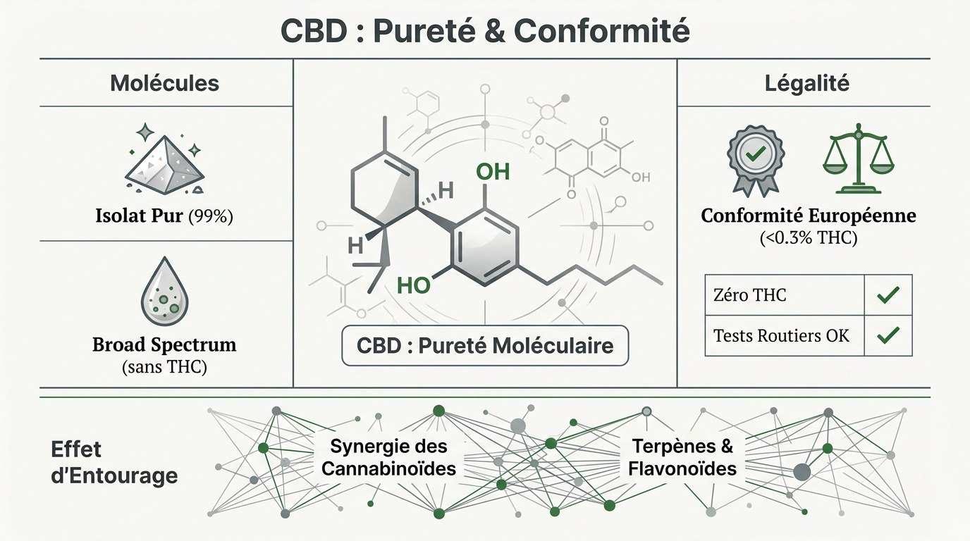 Représentation de la pureté moléculaire du CBD et conformité légale