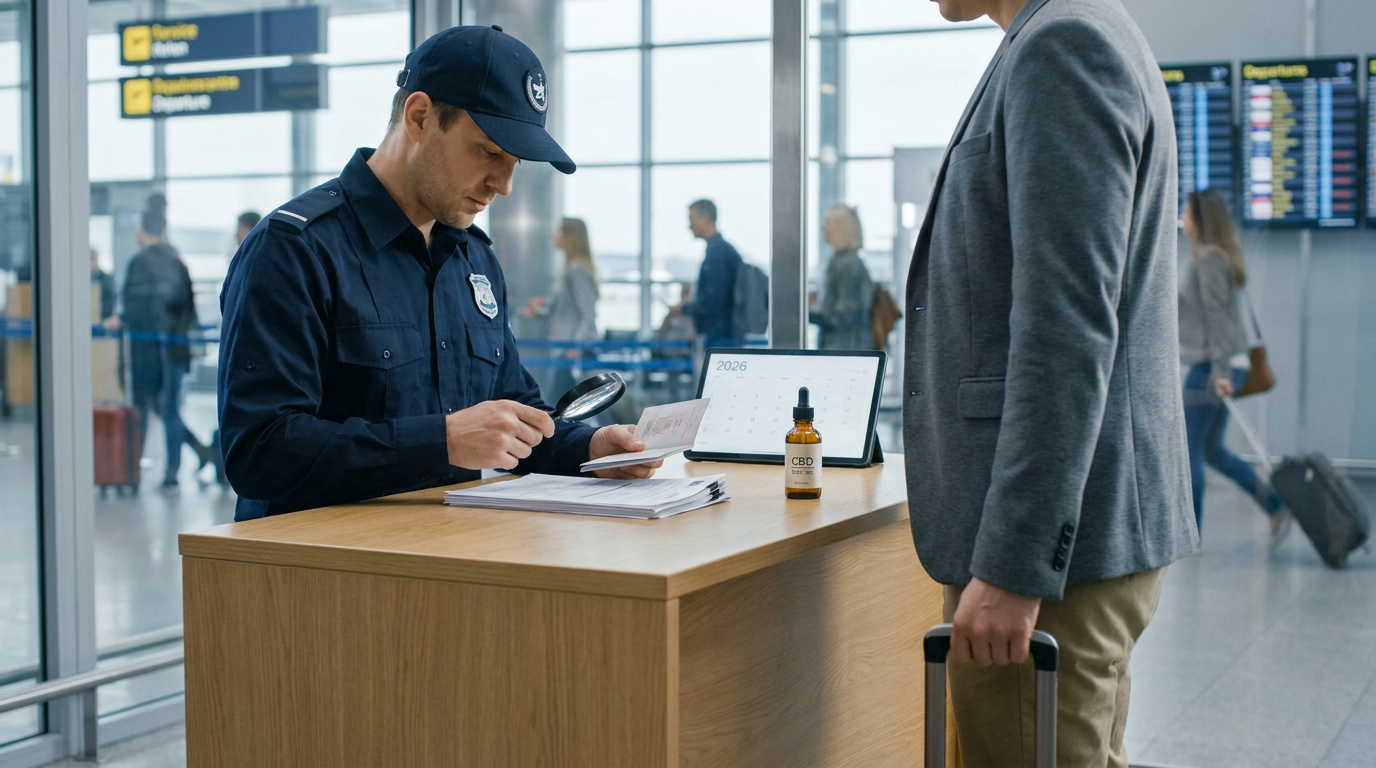 Un agent des douanes contrôle les documents d'un voyageur avec une fiole de CBD sur le comptoir à l'aéroport.