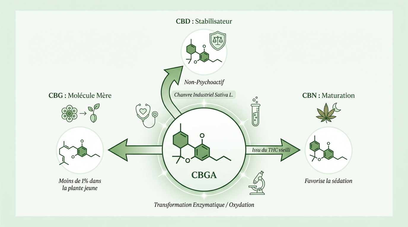 Diagramme de la transformation biosynthétique du CBG vers le CBD et le CBN par oxydation