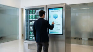 Un homme utilise l'écran tactile d'un distributeur automatique de produits CBD dans un bureau moderne.
