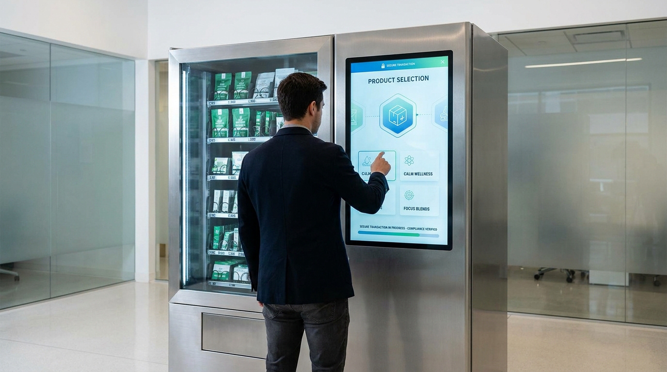Un homme utilise l'écran tactile d'un distributeur automatique de produits CBD dans un bureau moderne.