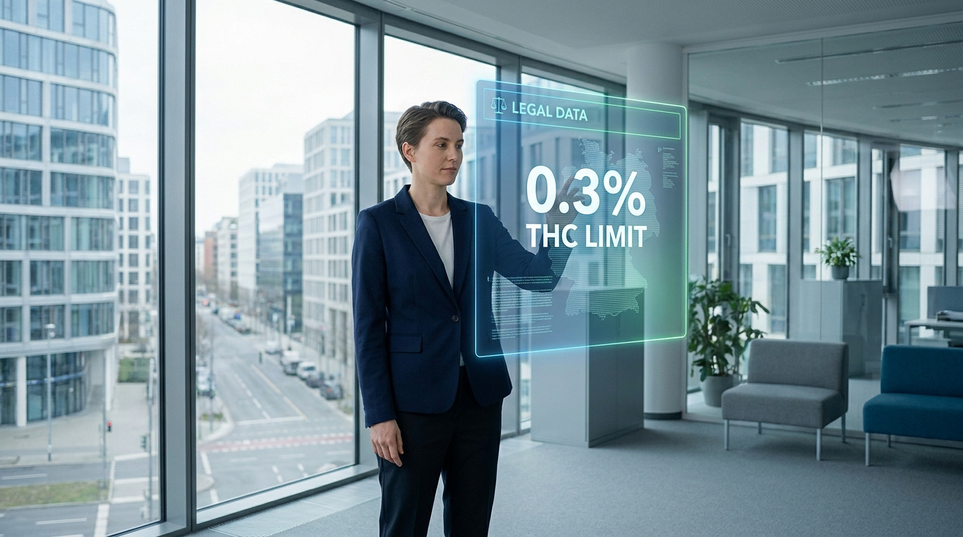 Une femme d'affaires interagit avec un écran holographique affichant la limite légale de 0,3% de THC pour l'Allemagne.