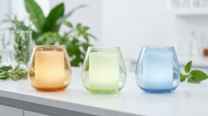 Trois bougies lumineuses dans des verres colorés orange, vert et bleu sur un comptoir blanc avec des plantes en fond.