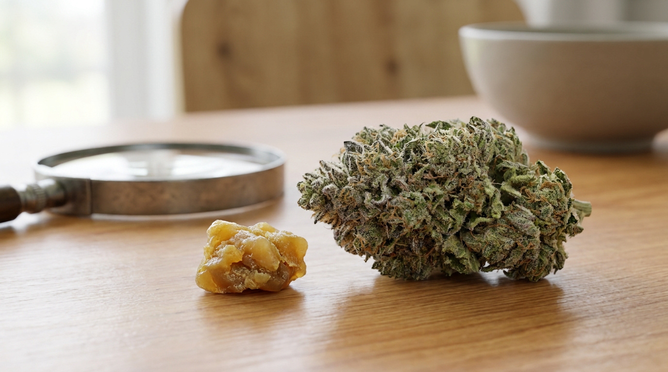 Une fleur de CBD et un morceau de cire posés sur une table en bois à côté d'une loupe.