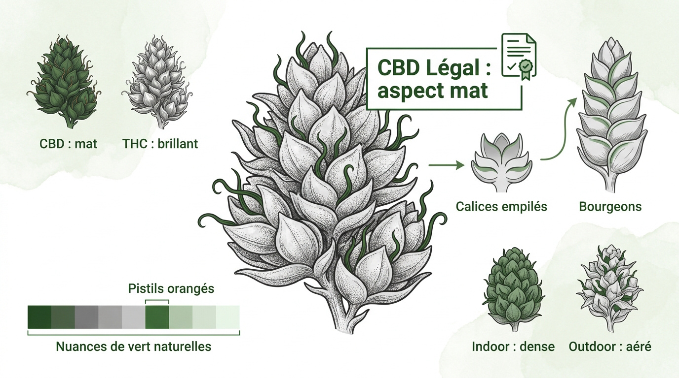 Infographie détaillant la morphologie et les composants botaniques de la fleur de chanvre CBD
