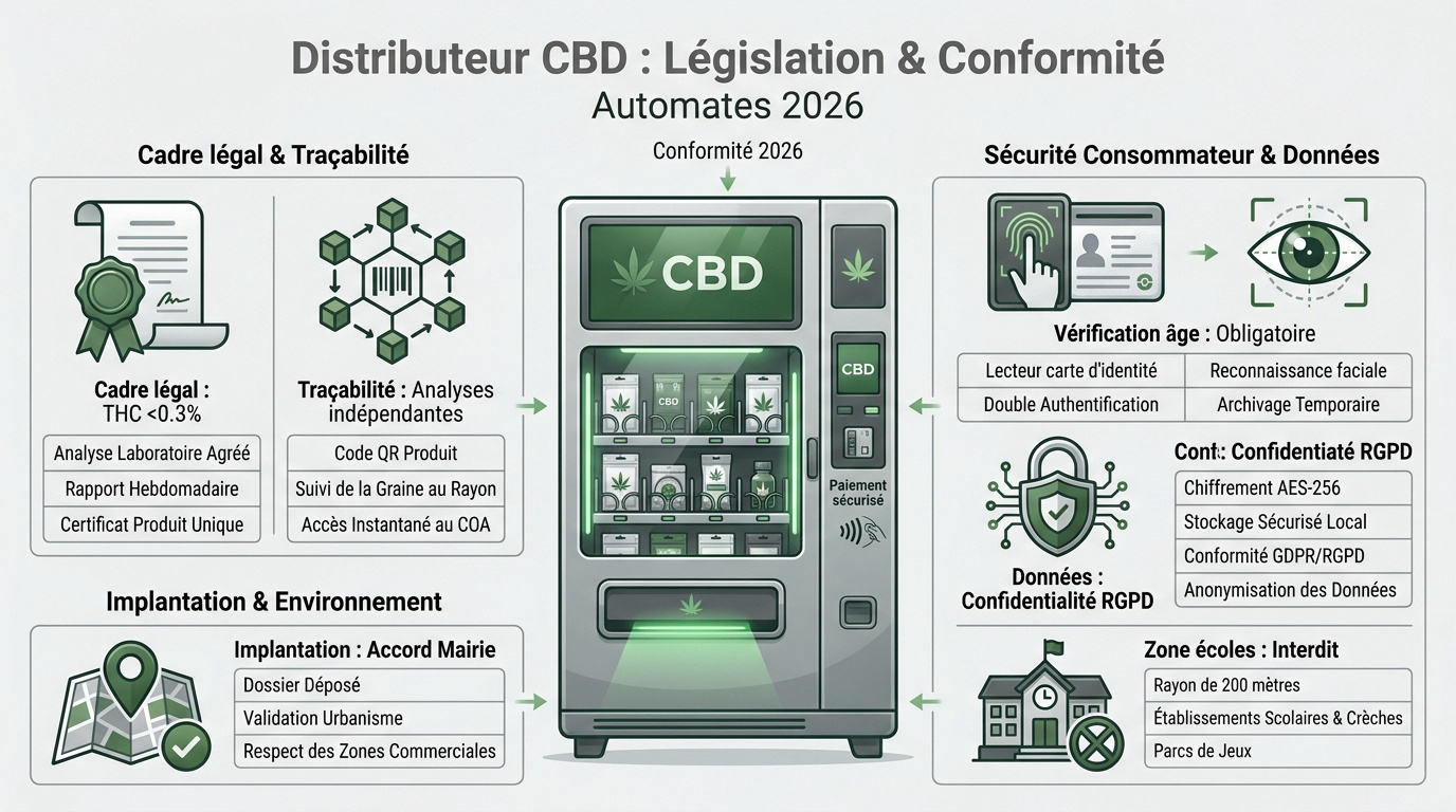 Infographie sur la conformité légale et technologique des distributeurs automatiques de CBD en France