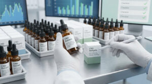 Un technicien de laboratoire en gants blancs inspecte une bouteille d'extrait de CBD et son emballage dans un labo.
