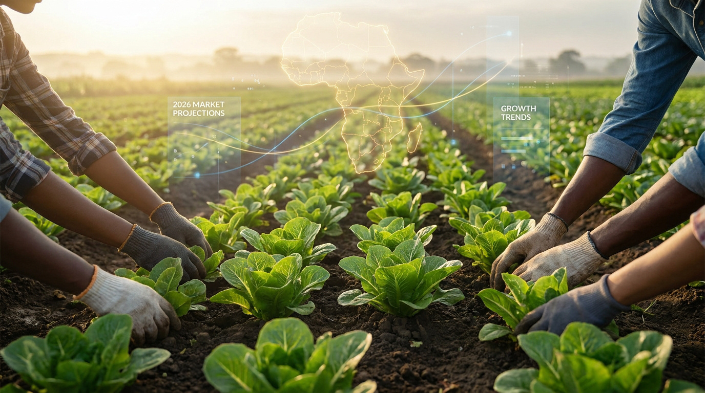 Agriculteurs travaillant dans un champ sous une carte numérique de l'Afrique et des graphiques de croissance.
