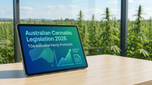 Tablette affichant la législation du cannabis australien 2026 avec un graphique de croissance devant un champ de chanvre.