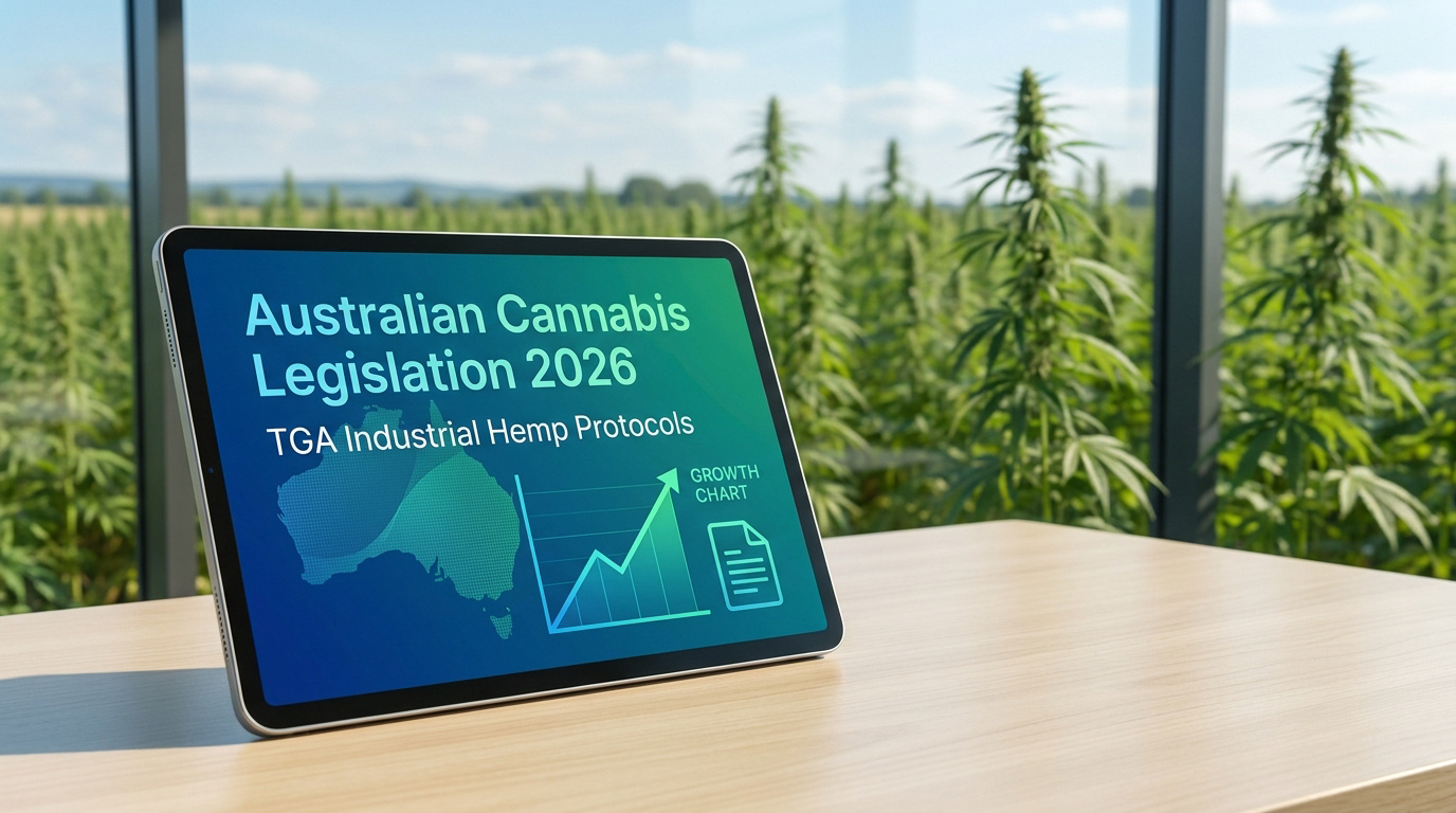Tablette affichant la législation du cannabis australien 2026 avec un graphique de croissance devant un champ de chanvre.