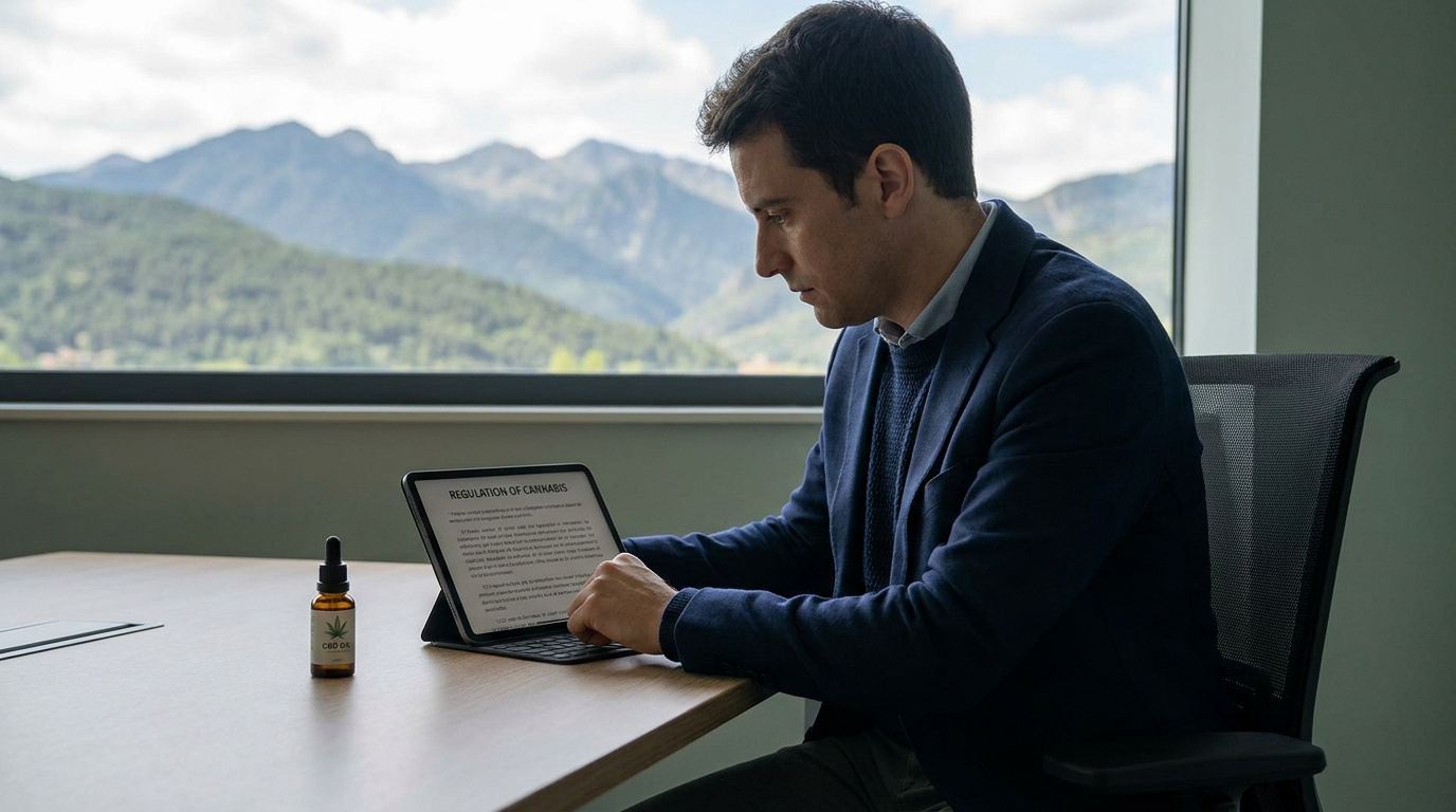 Un homme en costume travaillant sur une tablette à côté d'une fiole de CBD avec les montagnes d'Andorre en arrière-plan.