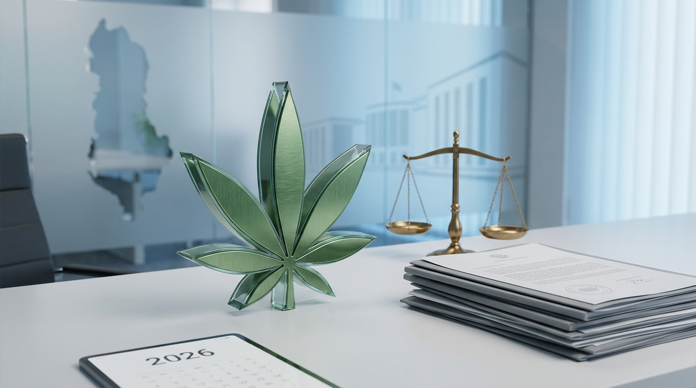 Une feuille de cannabis en métal sur un bureau avec une balance de justice et des documents officiels en Albanie.