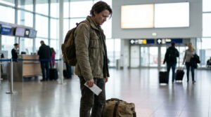 Un voyageur inquiet tenant son billet d'avion dans un aéroport animé.